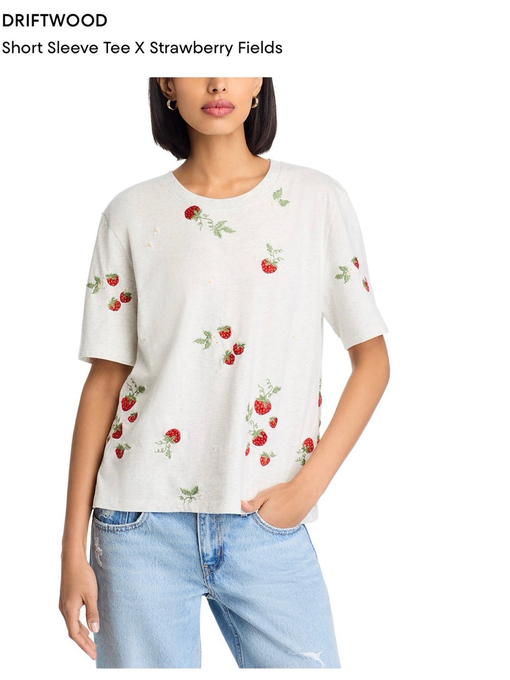 Strawberry Embroidered Tee - Light Gray
